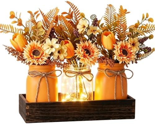 Mason Jar Lights Centerpiece Table Decor-Artificial Sunflowers & Tulips by Donmills