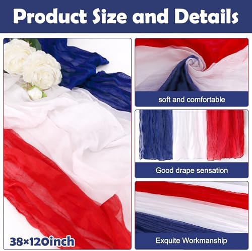 RunNico 4 Pack 4th of July Cheesecloth Table Runner - 120" Long Rustic Patriotic Gauze Table Decor - Red White Blue Tie Dye for Independence Day, Memorial Day, Summer Party - Image 2