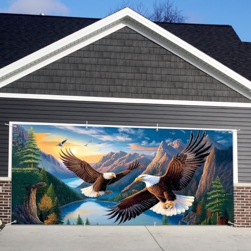 13x6 ft Soaring Eagles Garage Door Banner- Flying Bald Eagles Mountain Landscape Backdrop, Hanging Garage Decorations - for 4th of July Patriotic Holiday Party Background, Outdoor Wall Sign Decor - Image 6