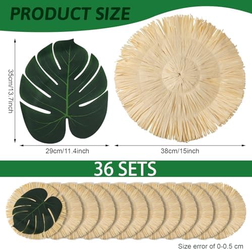 72pcs Luau Placemats and Palm Placemat, Round Luau Fringe Place Mats Tropical Palm Leaf Place Mats Bulk Summer Hawaiian Plate Chargers Table Placemats Tropical Party Supplies - Image 2