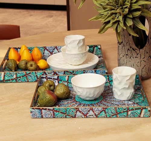 Serving Trays Set of 2, Decorative Plastic Serving Trays with Handles, Party Tray for Food, Coffee Table, Ottoman, Bathroom, and Living Room (Blue Bohemian) - Image 2