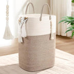 Woven Laundry Basket for Clothes, 50L Large Rectangle Laundry Hampers with Beads Tassel, Nursery Storage Basket for Toys, Tall Dirty Clothes Hamper for Bedroom Aesthetic, Laundry Room Organization by WENMER