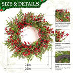 24" Christmas Wreaths for Front Door with Norfolk Pine Xmas Needle Red Berry for Winter Holiday Window Porch Wall Indoors Outdoor - Image 3