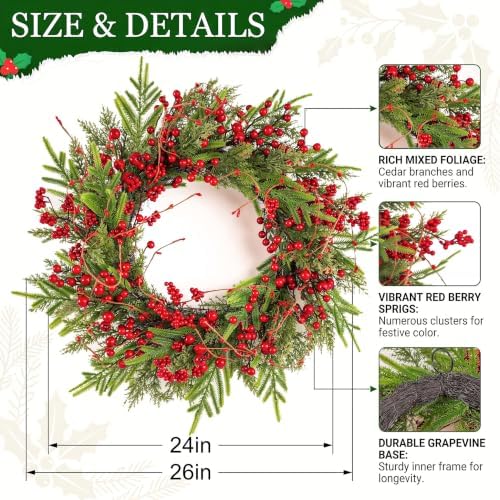 24" Christmas Wreaths for Front Door with Norfolk Pine Xmas Needle Red Berry for Winter Holiday Window Porch Wall Indoors Outdoor - Image 3
