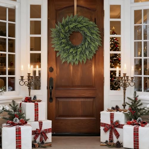 24" Artificial Lifelike Touch Cedar Christmas Wreath for Front Door Decor - Image 4