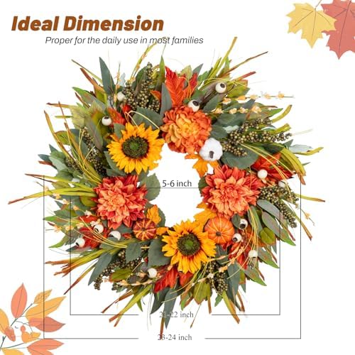 Fall Wreaths for Front Door 24 Inch Fall Wreath with Pumpkins, Sunflowers & Berries – Outdoor Autumn Wreath for Porch, Thanksgiving, Halloween & Harvest Decor - Image 5