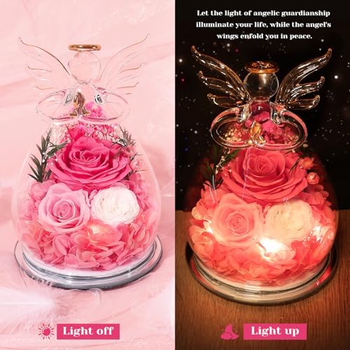 Gifts for Women Preserved Rose Forever Flower in Glass Angel Figurines Fresh Flowers for Delivery Prime Mothers Day Birthday Gifts for Mom Real Pink Roses for Grandma Sister Wife Her from Daughter - Image 3