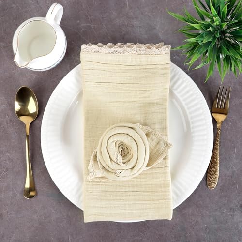 FINGERCRAFT Lace Cloth Napkins, Cotton Gauze, Set of 12, 20x20 Inch,Beige by FINGERCRAFT