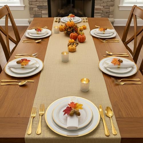 PapaKit Sparkle Metallic Gold Stripes Faux Burlap No-Iron Table Runner 13.5" x 36ft (12 Yard) for Holidays, Wedding Decoration, Parties and Everyday Décor - Image 2