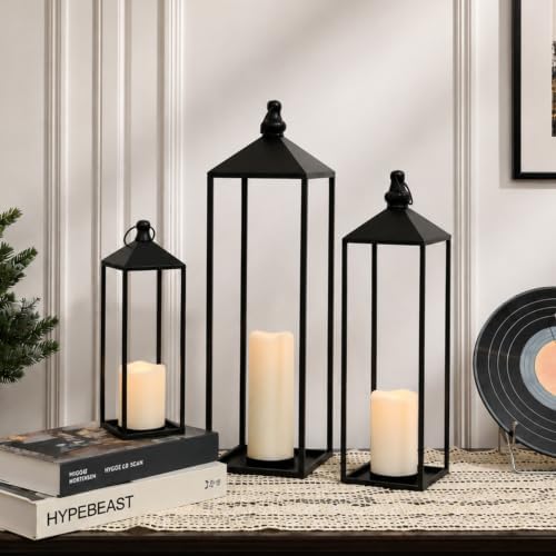 LED Lanterns Decorative Indoor&Outdoor, 23’’ 19’’ 13’’ Large Black Candle Lanterns Set with 3 Flameless Candles, Metal Holders for Porch, Patio, Garden, Home, Fireplace, Decorations Decor by DECORKEY