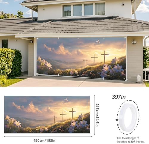 Easter Cross and Lilies Garage Door Banner 7x16FT, Religious Easter Decoration with Crosses and Lilies, Outdoor Spring Holiday Decoration for Yard and Garage - Image 3