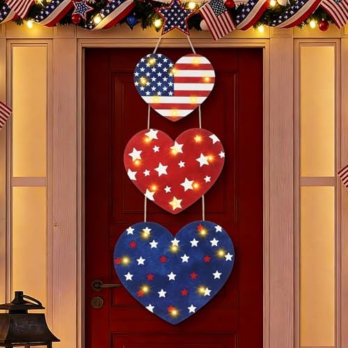 Barydat 3 Pcs 4th of July Decorations Patriotic Lighted Wooden Sign Red White Blue Heart Glitter Hanging Wreaths Plaque with LED Light for 250th Anniversary Independence Day Front Door Porch by home