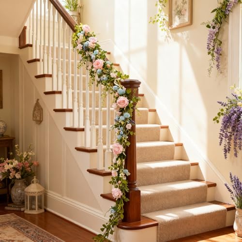 70 Inch Spring Garland, Pink Peony & Blue Daisy Artificial Garlands with Lavender & Eucalyptus,Flower Garland for Wedding Arch Mantel Table Front Door Window Home Decor - Image 7