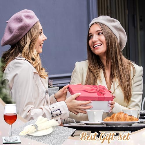 Dandat 12 Pcs Silver Rhinestone Placemat Napkin Ring Coaster Set, Square - Image 6