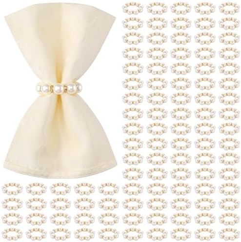 Suream 100 Pcs Napkin Rings Gold, Imitation Pearl Beaded Napkin Ring for Wedding Dinner Party Kitchen Table Birthday Decoration(White&Gold, 2 Inch) by Suream