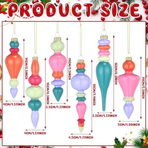 Soaoo 6 Pcs 6.3 in Pastel Color Mercury Glass Finial Christmas Ornaments - Image 2
