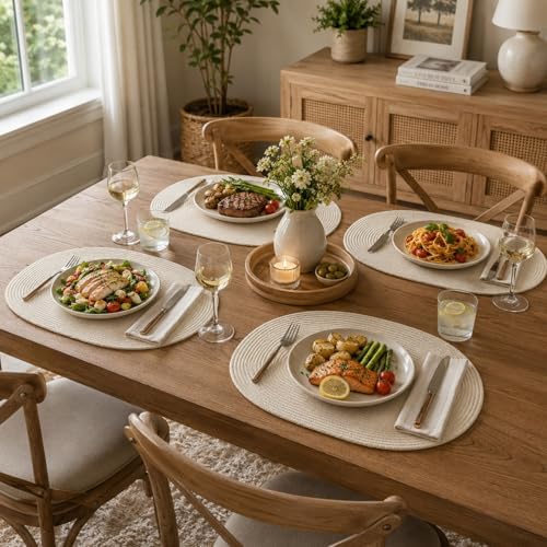 Oval Woven Placemats Set of 8 Heat Resistant Placemats 17.5 x 12 Inches Farmhouse Cotton Rope Place Mats for Dining Tables Trivets for Hot Dishes, Beige - Image 6