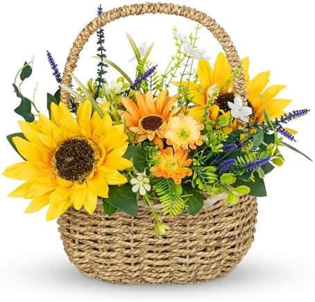 Sunflowers Artificial Flowers, Spring/Summer Flower Centerpieces for Tables Silk Flower Arrangements with Woven Basket Fake Sunflowers with Daisy & Lavender Dinner Table Centerpiece for Indoor Outdoor by Oairse
