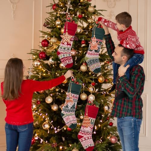 Christmas Stockings 4 Pack, 21 Inch Large Family Christmas Stocking, Red and Green Reindeer Snowman Xmas Stocking for Fireplace,Christmas Decorations - Image 4