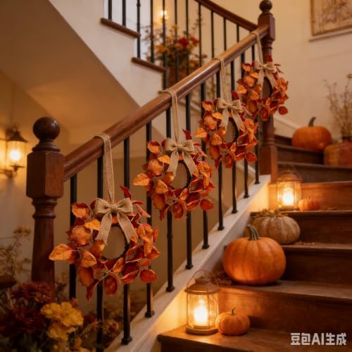 6 Pcs Small Fall Hanging Wreaths with Artificial Autumn Leaves Burnt Orange Rust Red Foliage Rustic Mini Cabinet Wreath for Home Table Centerpieces Kitchen Farmhouse Thanksgiving Party Decor - Image 3