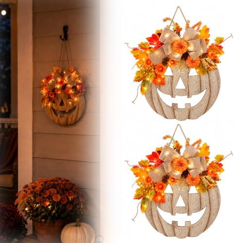 Fall Wreaths for Front Door, Burlap Style Pumpkin Sign with Autumn Leaves and Bow, Halloween Decor for Porch Wall (B-2PCS) by DailyPartner