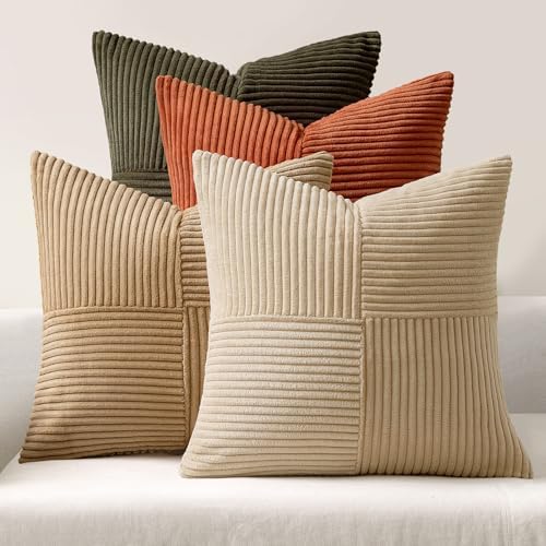 MIULEE Rust-Olive Green Decorative Throw Pillow Covers 20x20 Inch Set of 4 Boho Color-Clash Cushion Cases Farmhouse Pillow Cases Corduroy Striped Home Decor for Couch Sofa Living Room Bed by MIULEE