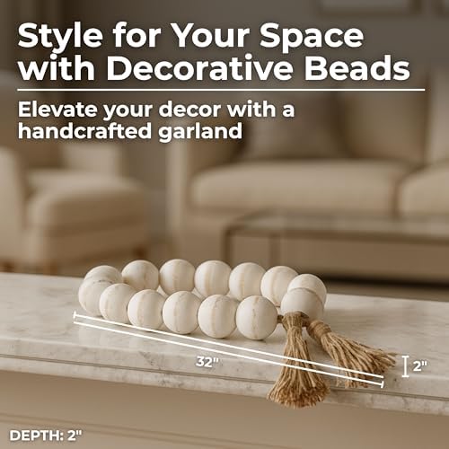 Sagebrook Home Wooden Beads Garland - Handcrafted Mango Wood & Jute Tassel - Casual Home Decor for Living Room, Bedroom, Office - 2" Whitewash - Image 2