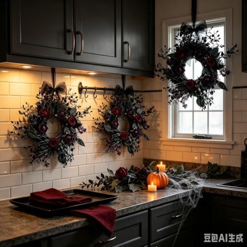 6 Pcs Gothic Black Rose Halloween Mini Candle Ring Wreaths Burgundy Red Dark Purple Rose with Black Foliage Twig Artificial Pillar Candle Holder Wreath for Spooky Dark Romantic Cabinet Table Porch - Image 5
