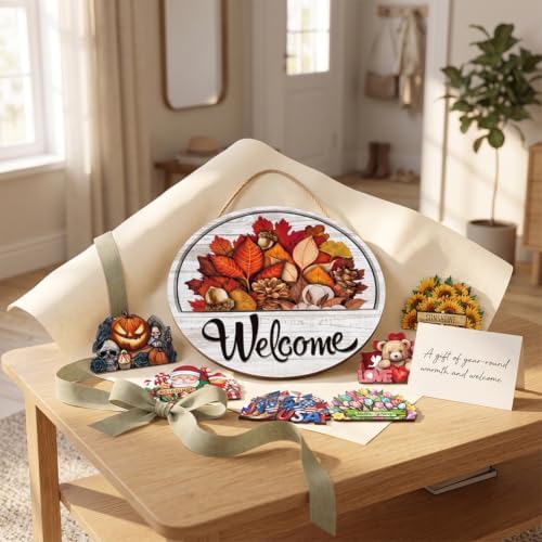 16 Pcs Interchangeable Welcome Sign for Front Door, 12 Inch Seasonal Wooden Door Hanger With 16 Magnetic Icons, Wooden Welcome Signs for Front Door for Holidays and Year Round Home Decor (12set) - Image 6