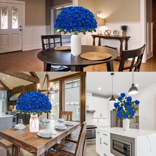 Sggvecsy 50 Pcs Artificial Roses Fake Flowers Velvet Silk Roses with Stems Bulk Realistic Faux Flowers for Bridal Bouquets Wedding Centerpieces Valentines Day DIY Home Party Decor (Blue) - Image 4