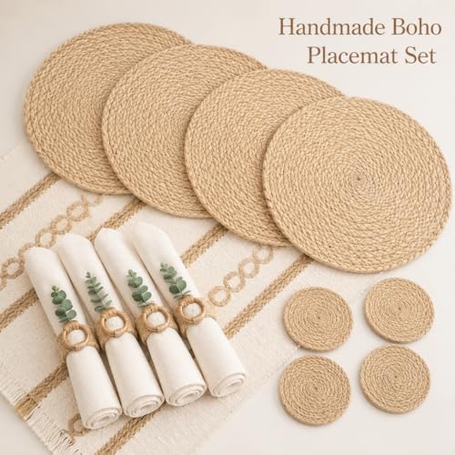 Handmade Rustic Farmhouse Boho Placemats Set, Natural Water Hyacinth Cotton Jute Woven Table Mats with Coasters & Napkin Rings for Kitchen Dining Party (4, Handmade Placemats Set of 4) - Image 4