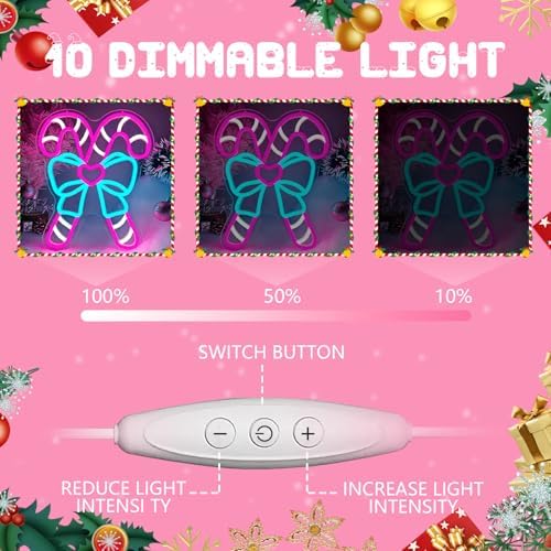 Pink Candy Canes Neon Sign Candy Christmas Neon Sign for Wall Decor Pink Christmas Decor Led Sign with Bow Xmas Neon Light Up Signs for Window Bedroom Holiday Xmas Party Home Decoration Gift Winter - Image 4