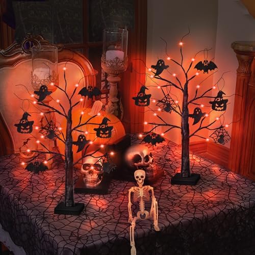 2 Pack 24 Inch Black Halloween Tree with 24 LED Orange Lights, Timer/USB/Battery Operated Lighted Halloween Table Decorations Tree, Spooky Halloween Decorations Indoor Home Decor Party Room - Image 4
