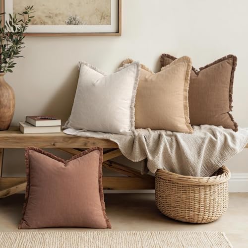 MIULEE Fall Linen Fringe Pillow Covers Set of 4 24x24 Beige/Brown - Image 2