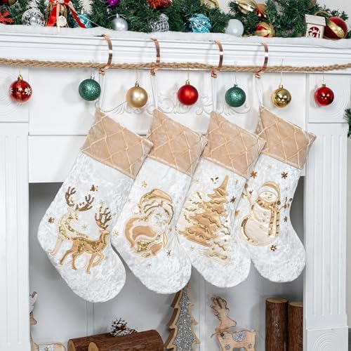LUBOT New Christmas Stockings Set of 4 Embroidered 20" Xmas Family Traditional Fireplace Hanging Gold Sequin Decor Velvet Satin Fabric Gifts for Christmas Holiday - Image 5