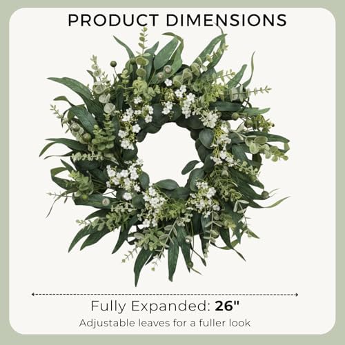 26" Eucalyptus Wreath for Front Door, Full Greenery Wreath with Baby’s Breath, Farmhouse Door Wreath, Year Round Spring Summer Wreath, Indoor Outdoor Home Decor - Image 2