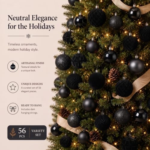 Hollowfly Black 56 Pcs Velvet Christmas Balls Ornaments Set - Image 4