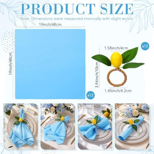 Preboun 24 Pcs Blue Cloth Napkins 19"x19" with Lemon Napkin Rings - Image 2