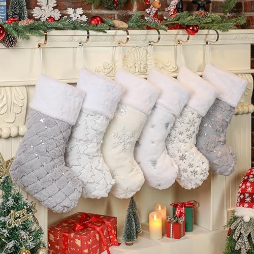 Amorita White Christmas Stockings Set of 6 - Lage Elegant Xmas Stockings with Silver Christmas Tree Snowflake Designs, Fluffy Grey and White Christmas Stockings for Holiday Party Decorations 20 inch by Unknown