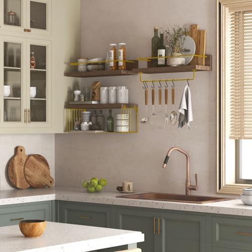 PopiShelves Bathroom Shelves Over Toilet for Wall, Floating Shelves with Storage Basket Paper Holer for Kitchen Living Room, Bedroom & Classroom, Set of 3 (Brown and Gold) - Image 2