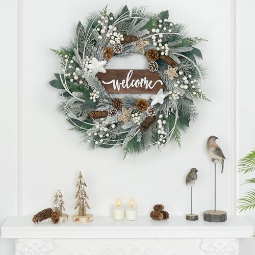 24 Inch Winter Wreaths for Front Door Outside- Pinkpuii Artificial Outdoor Christmas Wreath with Pinecones,White Berries and Welcome Sign,Xmas Holiday Winter Decorations for Home Farmhuse Door Decor - Image 4