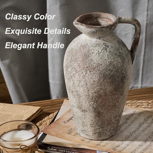PORCER 9.3 Inch Antique Ceramic Vase, Terracotta Vase with Handle, Tuscan Decor Farmhouse Decorative Vase, Rustic Vase for Home Decor, Living Room, Entryway, Wedding - Distressed Design, Gray - Image 3