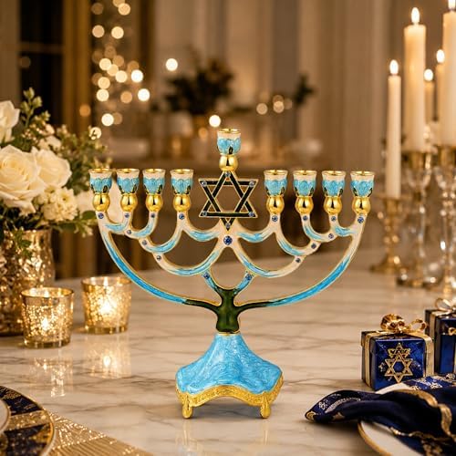 Matashi Hand Painted Enamel Menorah Candelabra w/Star of David Design - Image 4