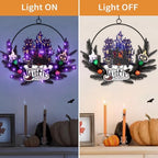 Pre-Lit Halloween Wreath for Front Door, Lighted Witch with 6H On/18H Off - Image 3