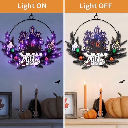 Pre-Lit Halloween Wreath for Front Door, Lighted Witch with 6H On/18H Off - Image 3