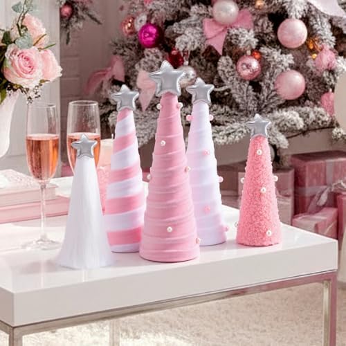 Realspring 5 Pcs Pink White Velvet Christmas Cone Tree Table Decoration - Image 3