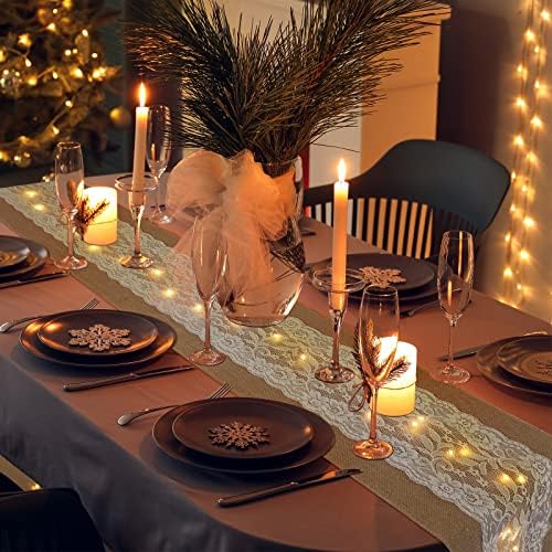 Tudomro 12 Pcs Burlap Table Runner with LED String Lights 12 x 108 Inches Rustic Jute Lace Table Runners Farmhouse Jute Linen Decoration Wedding Decor for Holiday Party Wedding Decorations - Image 5