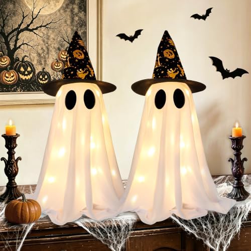 2 Pack Halloween Ghost Decorations, 21.7 Inch Lighted Halloween Decorations, Battery Operated Tabletop Ghost Decor with Witch Hats for Mantel Fireplace Table Entryway Indoor Party Office Home Decor by StzMamil