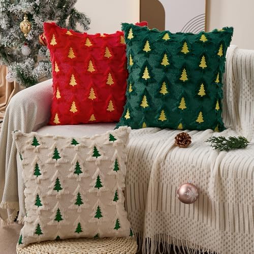 Allorry Christmas Pillow Covers 20x20 Set of 2 Beige Double Xmas Tree Pillow Covers Soft Plush Faux Fur Christmas Decorations for Xmas Winter Holiday Home Bedroom Sofa Cushion Cases PT-008C20 - Image 5