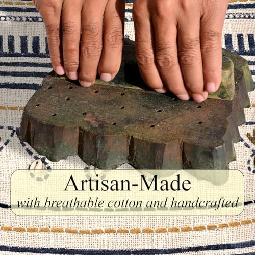 Ridhi Hand Block Print Cotton Throw Pillow Cover, Navy & Gold 18x18 Set 2 - Image 3